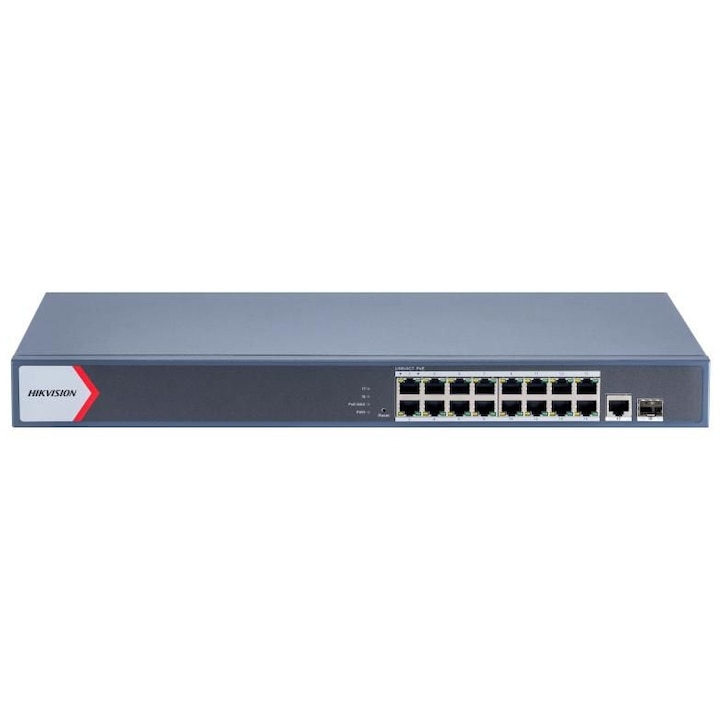 Switch 16 porturi POE Gigabit, Hikvision DS-3E1518P-EIV2, Web management, 16 × gigabit PoE ports PoE output power management, and 2 × gigabit fiber optical ports, IEEE 802.3at/af standard for PoE ports, AF/AT camera can reach up to 300 m in extend mod