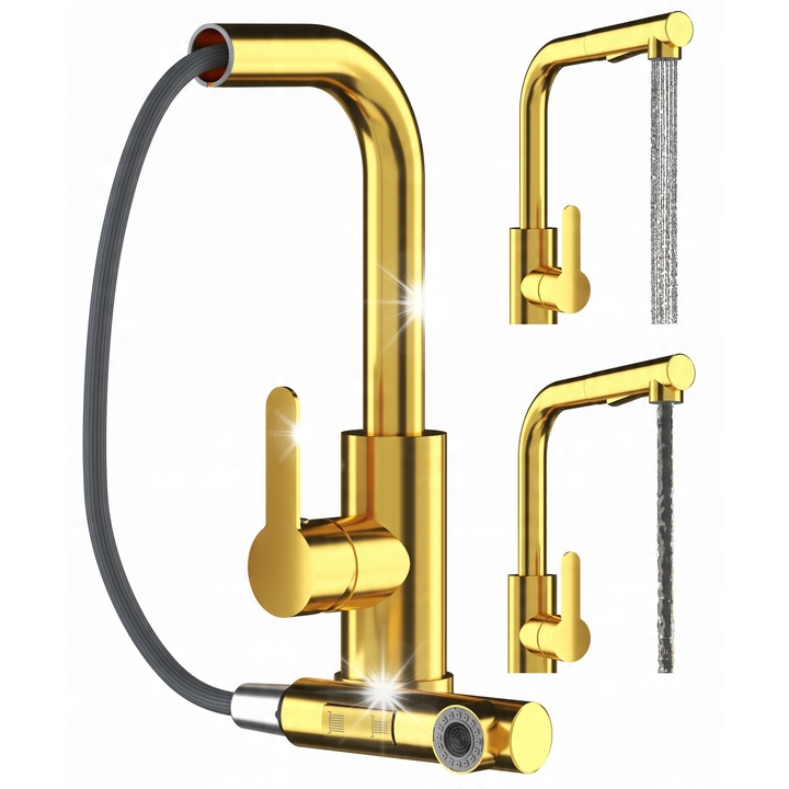 Baterie sanitara Granitan, model Ebro, cu wylewka retractabila, doua tipuri de jet, aurie, 30cm