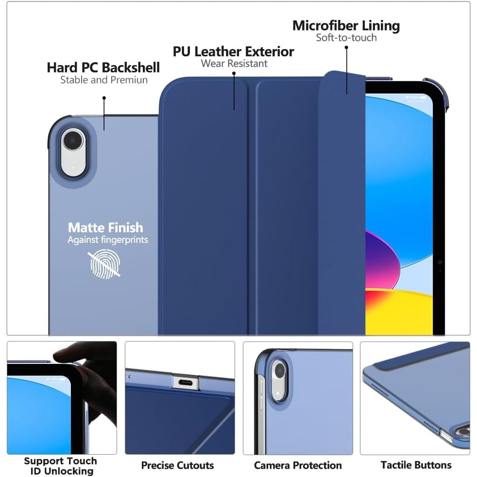 Husa DUOCUOLA pentru iPad generatia 11 11 inch 2025, iPad generatia 10 10.9 inch 2022, husa protectoare subtire cu suport, spate transparent din PC rigid, compatibila cu Touch ID, bleumarin