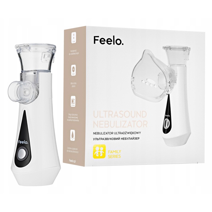 Aparat De Aerosoli, Feelo, Tehnologie Ultrasonica, Functionare Silentioasa Ideala Pentru Copii, Masti Incluse Pentru Copii Si Adulti, Portabil Si Usor, 10.5 x 10 x 10 cm, Alb