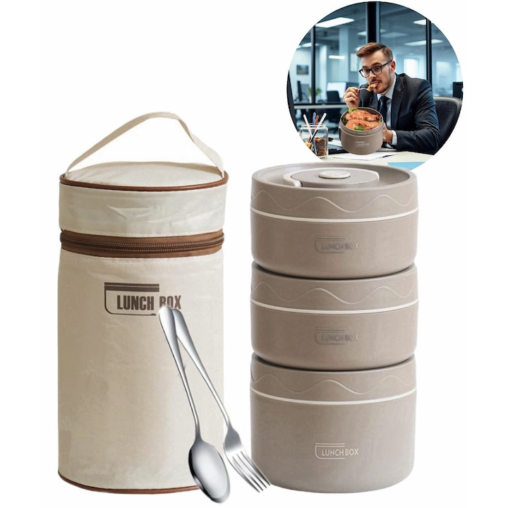 Set portabil de cutii de pranz izolate, format din 3 piese + cutit si furculita, BIGLISTENING®, 2025, cutii izolate individual, potrivite pentru adulti si copii, cutie de pranz din otel inoxidabil, punga izolata stivuibila pentru alimente calde, capacitat