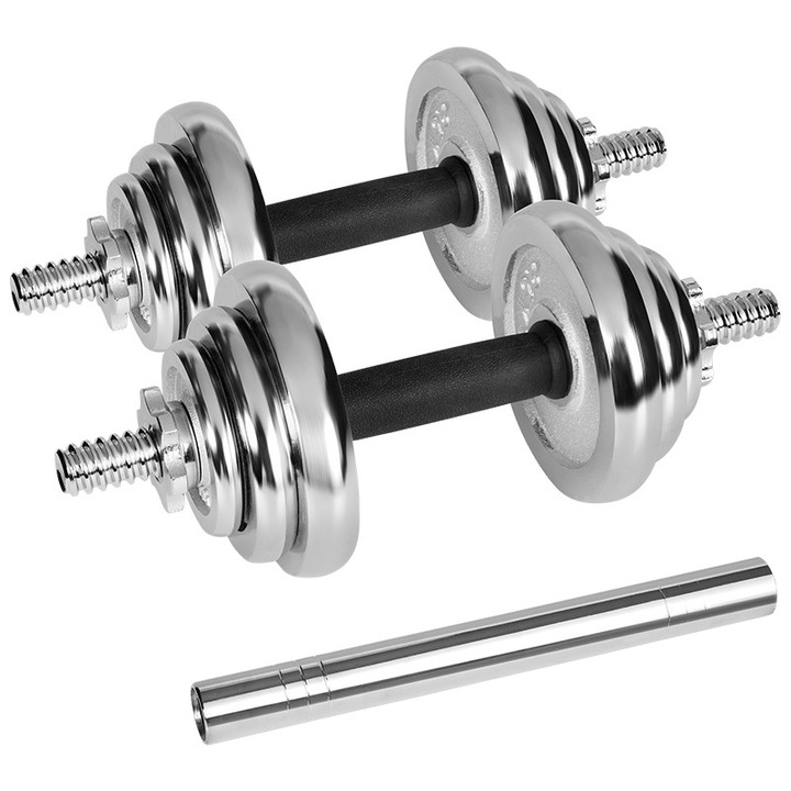 Set Gantere Reglabile 20 Kg din Fonta cu Bara pentru Haltera si 12 Discuri, Valiza pentru Transport si Culoare Argintiu