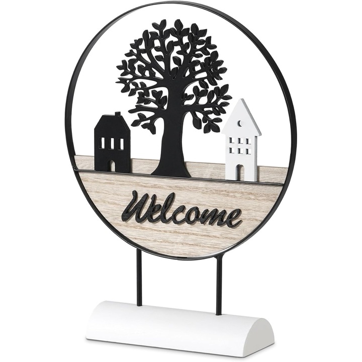 Semn de bun venit, decorativ, casa alb-negru cu copacul vieții, diametru 24x32cm, flori uscate