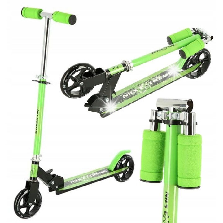 Сгъваема тротинетка Nils Extreme HD114, 145 мм, зелена, за деца и юноши, максимално тегло на потребителя 50 кг, размери 74x28x64,5-88 см