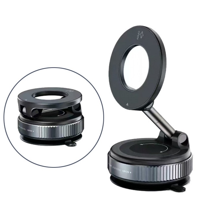 Suport telefon magnetic cu prindere vacuum, rotire 360°, fara adeziv, fara incarcare, suport universal auto/birou – Culoare Negru Stralucitor