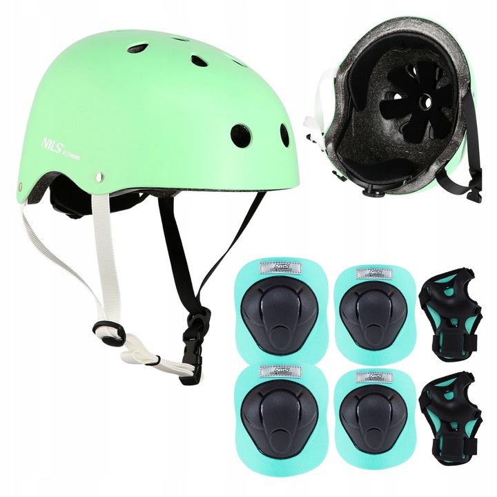 Комплект каска и протектори Nils Extreme, зелен, размер XS, за ролери, велосипед и скейтборд