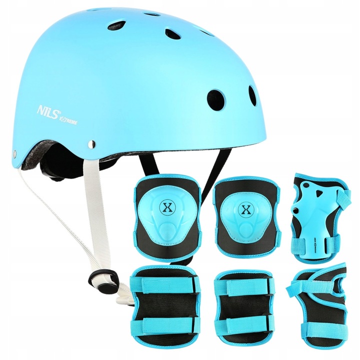 Комплект за защита Nils Extreme, каска MTW001, синя, размер М, със защита за китки, лакти и колене