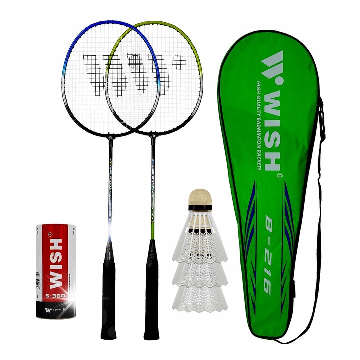 Комплект ракети за бадминтон WISH Alumtec 216 (2 ракети + 3 совалки PRO-808), 66 см, 110 гр, многоцветен