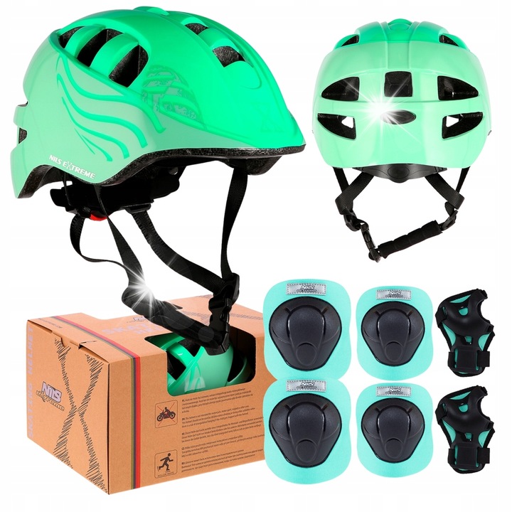 Регулируема детска каска, Nils Extreme, комплект с протектори за колене, лакти и китки, зелен, размер S
