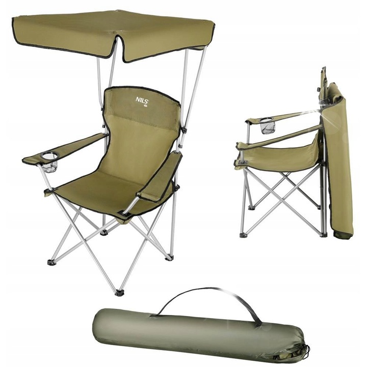 Сгъваем туристически стол Nils Camp NC3087, зелен, с поставка за чаша и сенник, размери 54x125x54см