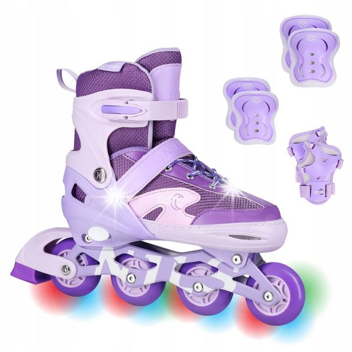 Ролкови кънки за деца Nils Extreme с LED колела, комплект с протектори за колене, лакти и китки, лилави, S-M-L