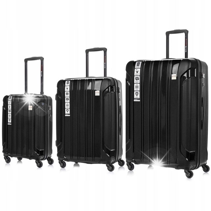Комплект от 3 куфара SwissBags, Кабинен 55см, Среден 65см, Голям 75см, Черен