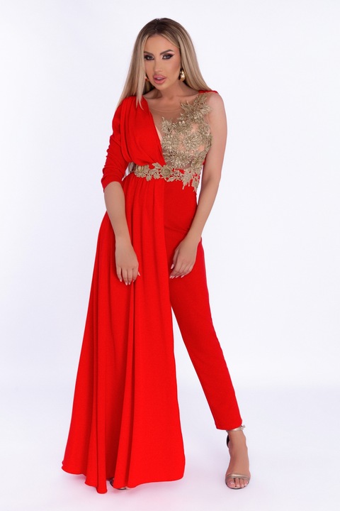 Червен гащеризон с шлейф и златна бродерия, XS