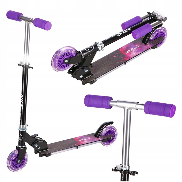 Тротинетка Nils Extreme HD025, виолетова, LED колела 125мм, сгъваема, за деца, макс. 50кг