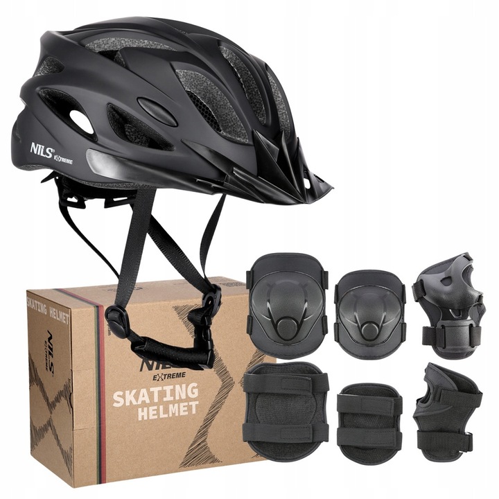 Каска за защита Nils Extreme MTW291, In-mold, черна, размер S, комплект с протектори за китки, лакти и колене
