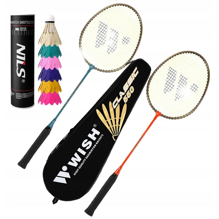 Комплект ракети за бадминтон WISH 2 ракети, 6 перца, многоцветни