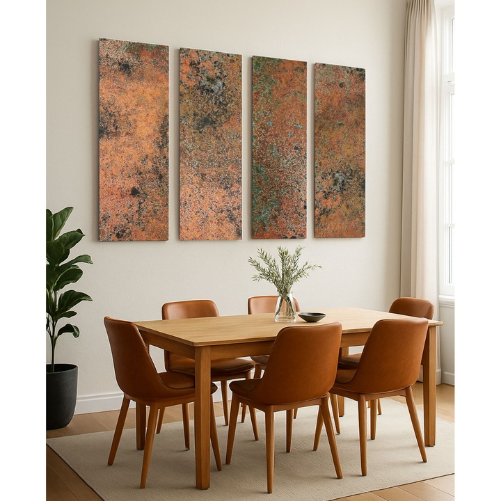 Set 4 panouri decorative din cupru Mystic Copper Nebula 120 × 90 cm, patinate manual, arta metalica abstracta pentru bucatarie, living sau hol; nuante unice, finisaj premium si design modern, ideal ca decor de perete sau piesa focala in interior