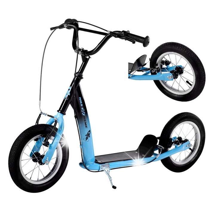 Тротинетка Nils Extreme WH113N, 12" с помпащи се гуми, синя, капацитет 80 кг, размери 112x55,5x65/74 см