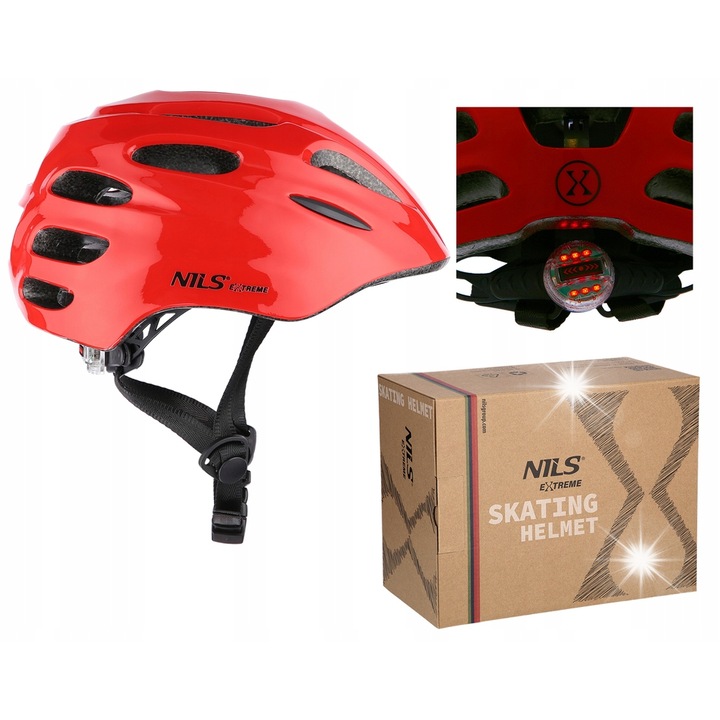 Детска каска за защита MTW01, Nils Extreme, червена, размер XXS (42-48 см), със система за регулиране и LED лампа