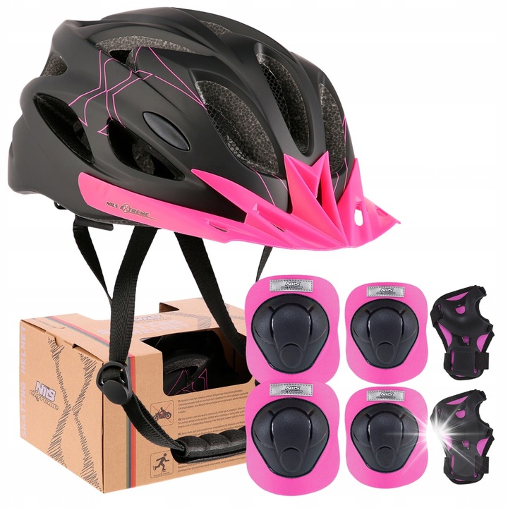Комплект за защита Nils Extreme - регулируема вентилирана каска, черно-розова, размер L + протектори за китки, лакти и колене