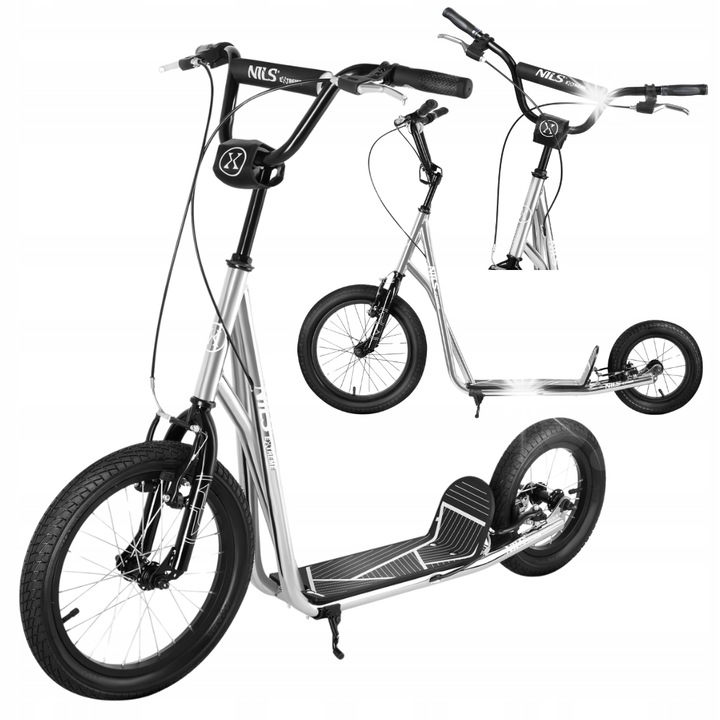 Тротинетка NILS WH10121, 16" помпащи се гуми, алуминиева, сребристо-черна, 100 кг, комплект с календар