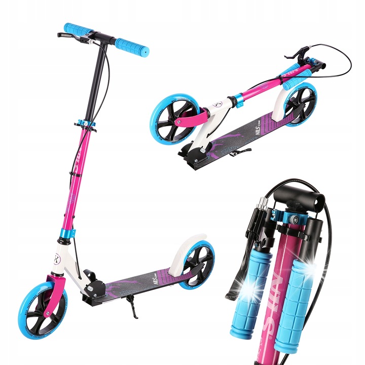 Сгъваем скутер Nils Extreme HM0107 бяло-розов, 200мм колела, максимално тегло на потребителя 100кг, размери 92x39x76,5-100,5см