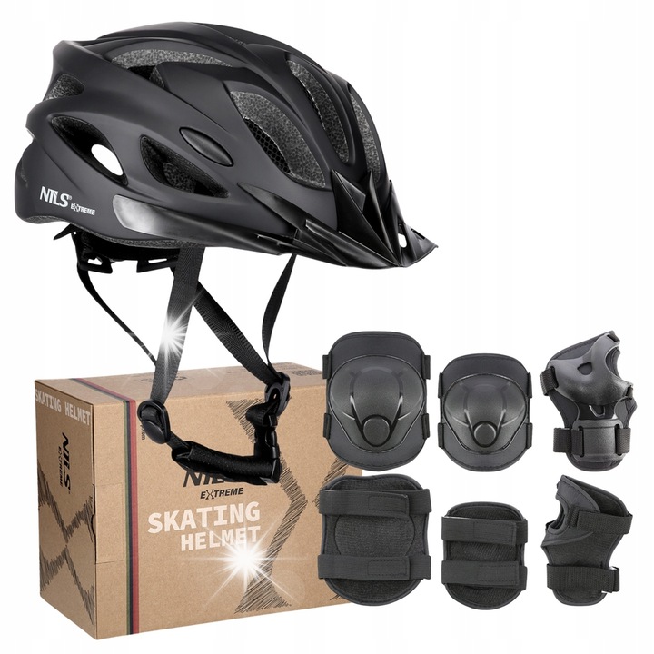 Каска за защита Nils Extreme MTW291, комплект със защити за китки, лакти и колене, черен, размер S