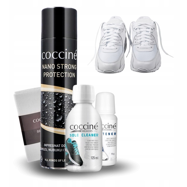 Set de curatare a incaltamintei, Coccine, Coccine Whitener 75g + Coccine Nano Strong Protection 400ml + 1 x laveta de curatare + 1 x solutie de curatare a talpilor, 75g + 400ml, functia 1: impregnare, functia 2: curatare, Multicolor, 100% bumbac, protecti