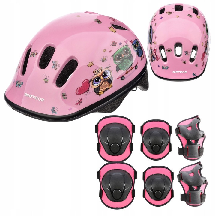 Casca de protectie Meteor KS06 pentru copii, roz, set cu protectii pentru genunchi, coate si incheieturi, dimensiune S