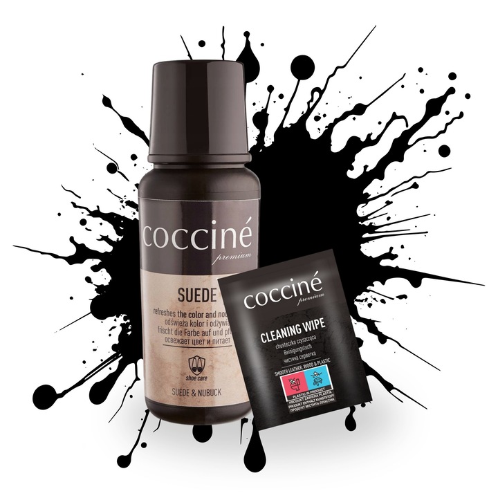 Set de ingrijire, Coccine, Suede Renovator, 75 ml, 1 bucata, agent de curatare, pentru ingrijirea pielii intoarse, pentru ingrijirea nubucului, negru, include un servetel de curatare, material: lichid, caracteristici: reimprospateaza culoarea, protejeaza