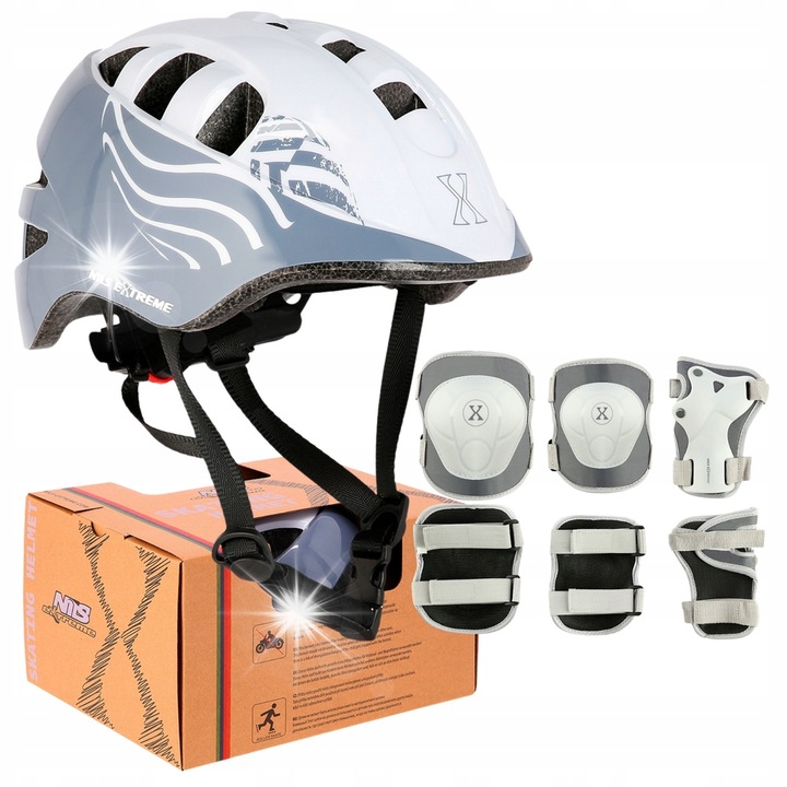 Каска за защита Nils Extreme с комплект протектори за деца, бяло-сива, размер S, out-mold технология