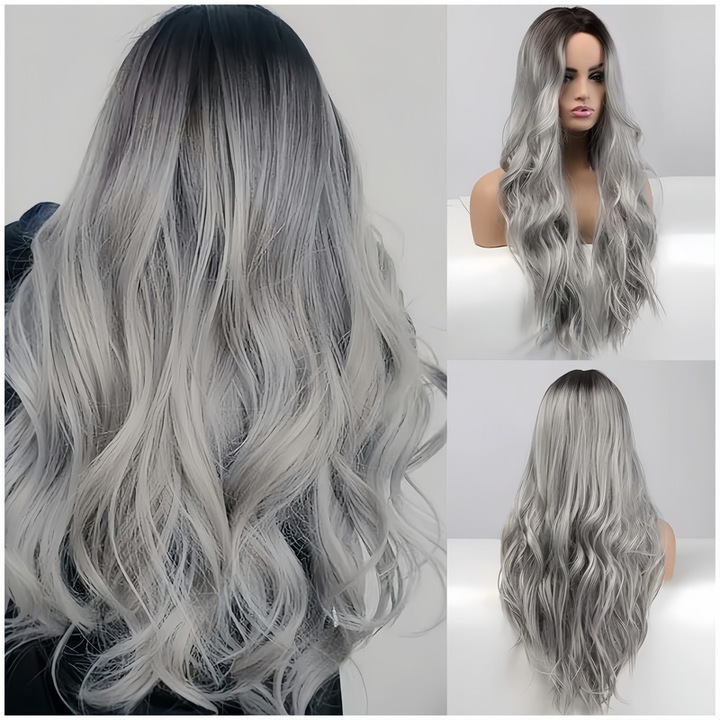 Peruca dama, Pentru uz zilnic la petreceri, Sintetic, Rezistenta termica, 63 cm, Negru/Gri