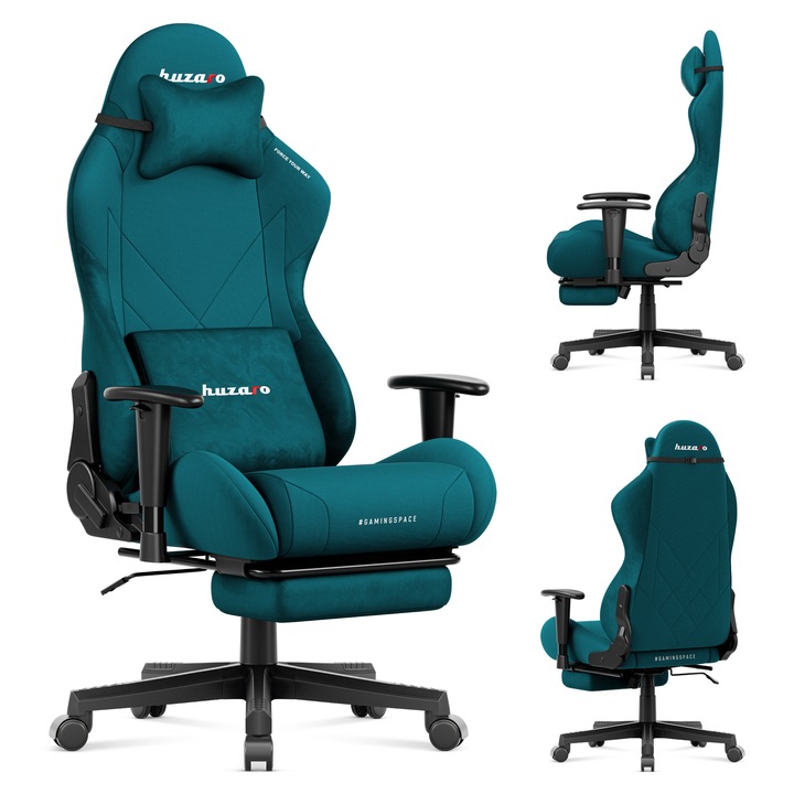 Scaun gaming Premium, Huzaro, Force 5.7, suport picioare, Rabatabil 155°, structura din otel, Albastru-Verzui