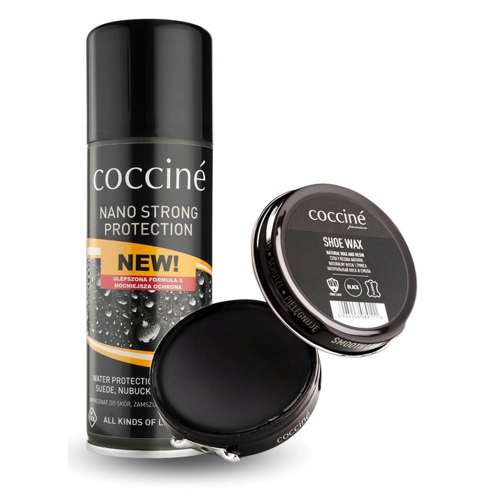 Set, Coccine, Nano Protector Strong, 230 ml, Impregnare incaltaminte, Solutie de curatat incaltaminte, 40 ml, Negru, Spray, Material: piele, Proprietati: protectie impotriva umezelii, protectie impotriva murdariei, aplicare usoara