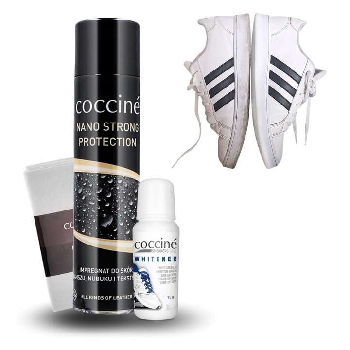 Kit de curatare, Coccine, Albitor pentru adidasi, 75g, 400ml, impregnare, protectie, laveta de curatare, Multicolor, 3 bucati, 100% bumbac, protectie eficienta, aplicare usoara, nu modifica culoarea materialului