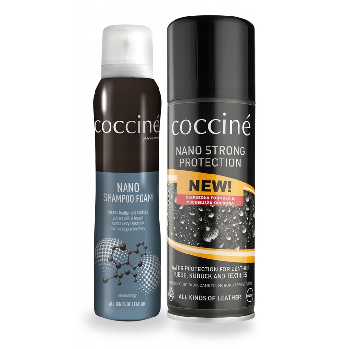 Set 2 in 1, Coccine, Nano, sampon 150 ml pentru piele si textile + impregnare protectoare 230 ml, Protectie impotriva umezelii, Indeparteaza murdaria dificila, Utilizare universala, Protectie de lunga durata, Aplicare usoara, Multicolor, Setul include: sa