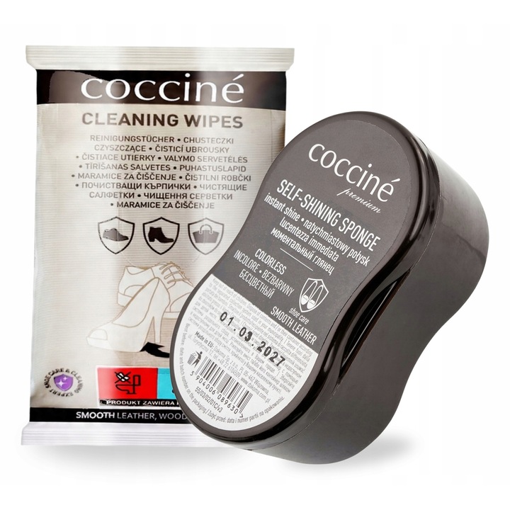 Kit de curatare a incaltamintei, Coccine, Mini, Negru, 15 servetele umede, Biureta cu auto-lustruire, Convenabil de utilizat, Compact, Ideal pentru piele naturala, Indeparteaza murdaria si praful, Inodor, Usor de utilizat