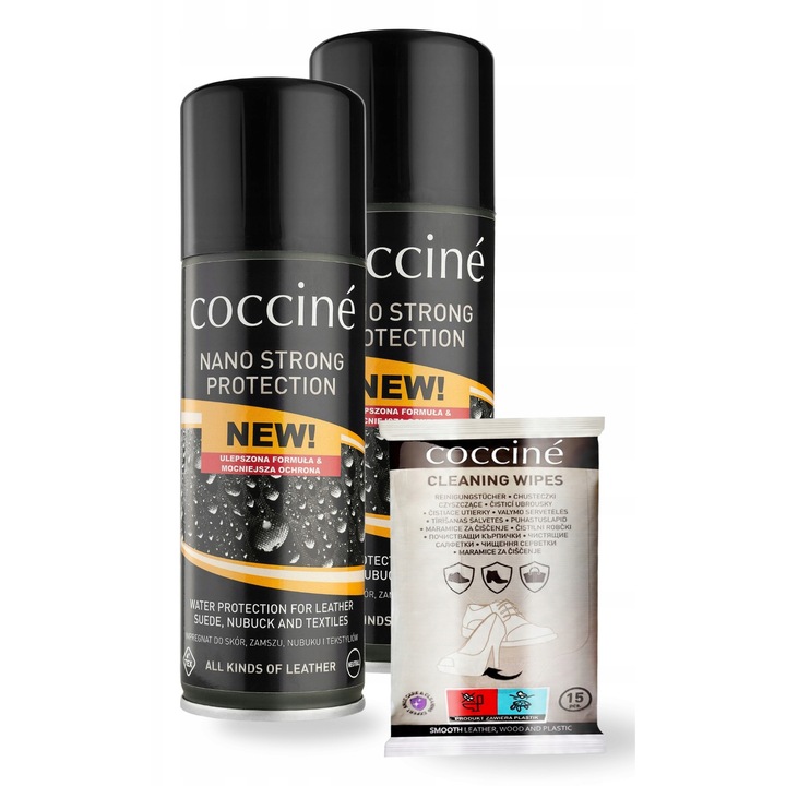 Set de ingrijire, Coccine, Nano Strong Protector, 230 ml, 2 bucati, impregnare, protectie impotriva apei, murdariei, servetele de curatare, 15 bucati, multicolor, material textil, protectie eficienta, usor de utilizat, utilizare universala