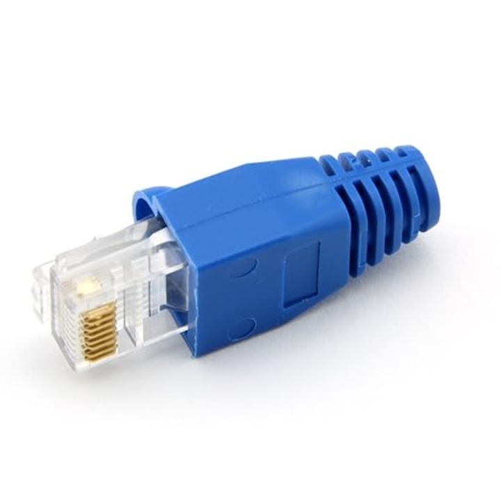 Комплект 100 x конектор + защитен маншон, RJ45, CAT5 CAT6, 8 пина 8P8C, син, Dactylion®