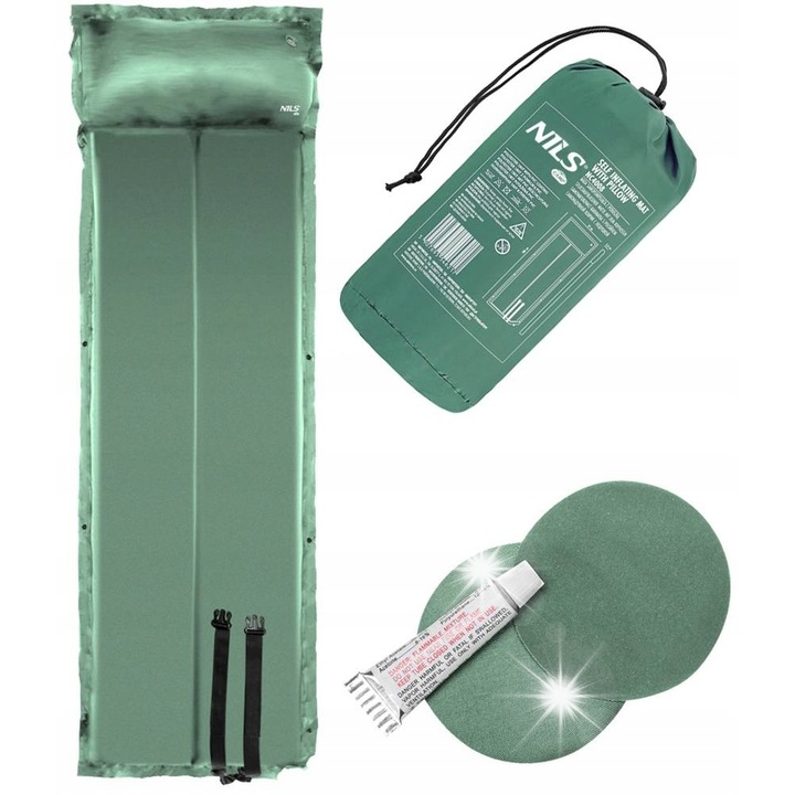 Голяма самонадуваема туристическа постелка с възглавница, Nils Camp NC4008, зелена, 188x57x2.5см