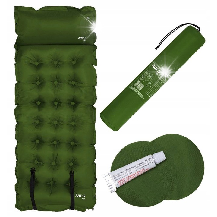 Самонадуваема постелка Nils Camp NC4018 с възглавница, дебелина 3,5 см, тъмнозелен цвят, размери 188x66 см, пълен комплект с калъф и ремонтен комплект