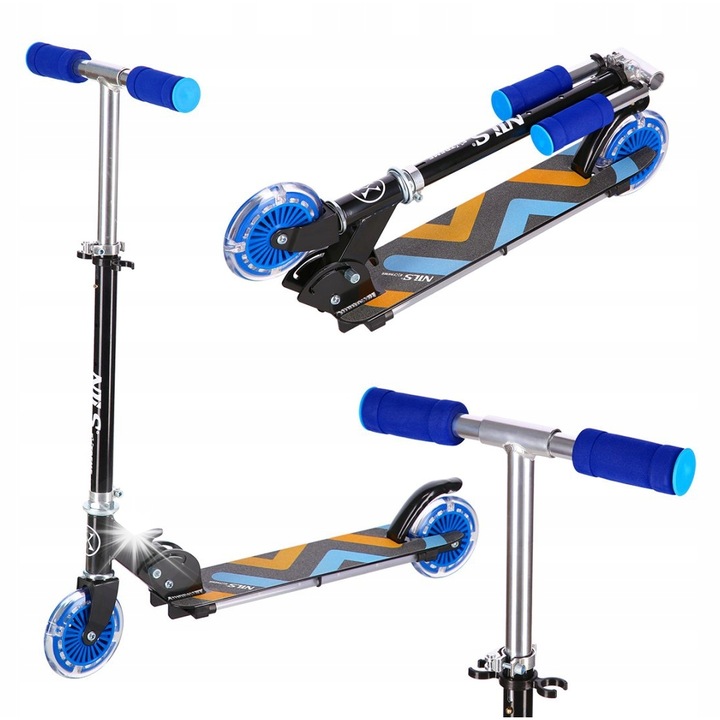 Сгъваема тротинетка за деца Nils Extreme HD025, LED колела 125мм, синя, размери 69x32x60-78см