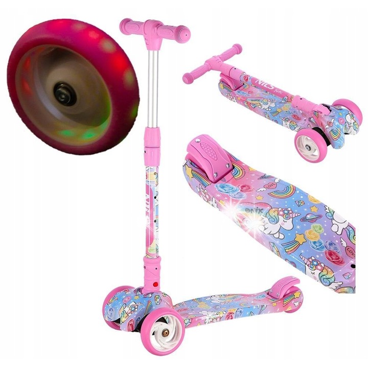 Тротинетка триколка Nils HLB15, розова, 56x30x80,5см, LED колела, максимално тегло на потребителя 50кг, комплект с календар