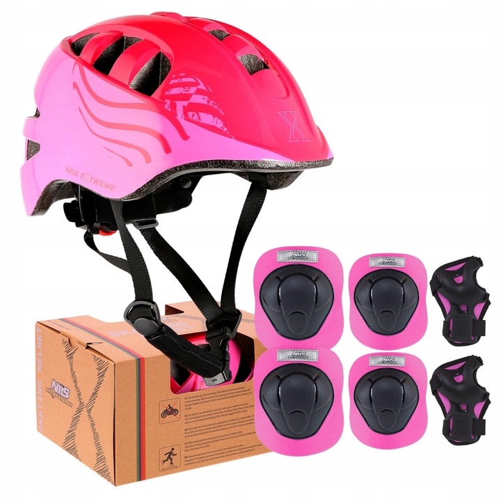 Регулируема каска за ролери и велосипед Nils Extreme, розова, комплект със защита за китки, лакти и колене, размер XS