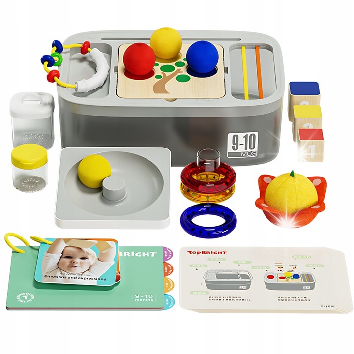 Комплект образователни играчки, Top Bright, 9М+, многоцветен, 3х дървени блокчета, 3х цветни топки