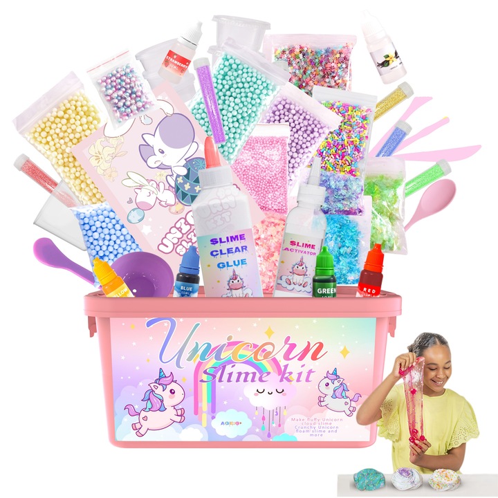 Set slime creativ QiFeng™, kit DIY unicorn, slime fosforescent cu spuma colorata, pentru copii 3–12 ani
