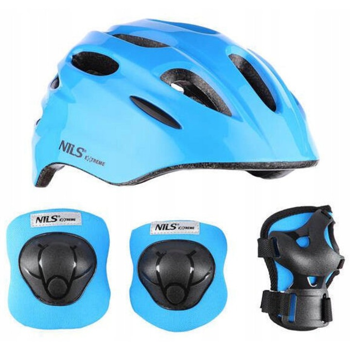 Комплект каска и протектори Nils Extreme, син, размер XS/S, технология Out-mold