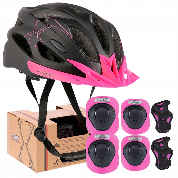 Комплект за защита Nils Extreme, каска MTW291 и протектори H210, черно-розов, размер S