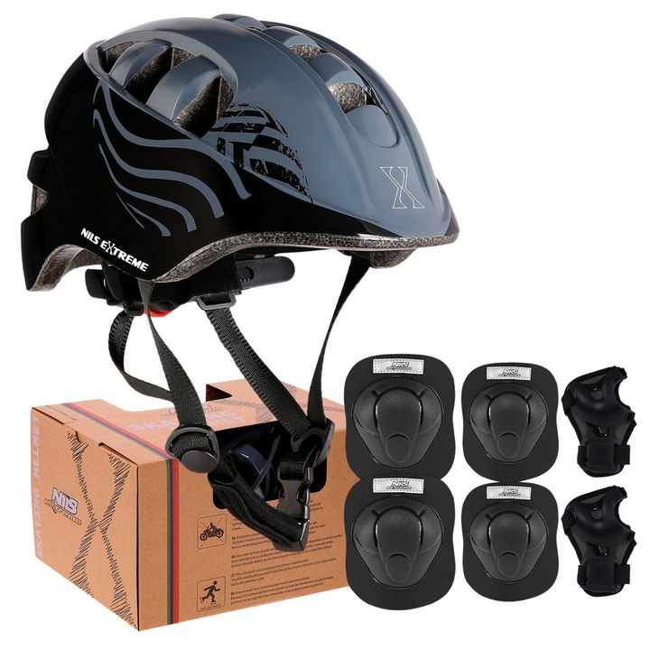 Каска за деца Nils Extreme, модел MTW08, комплект със защити, цветен дизайн, размер S