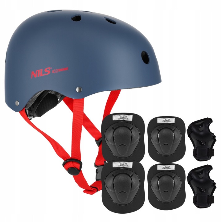 Комплект за защита Nils Extreme - регулируема каска сиво-червена + протектори за колене, лакти и китки, размер М